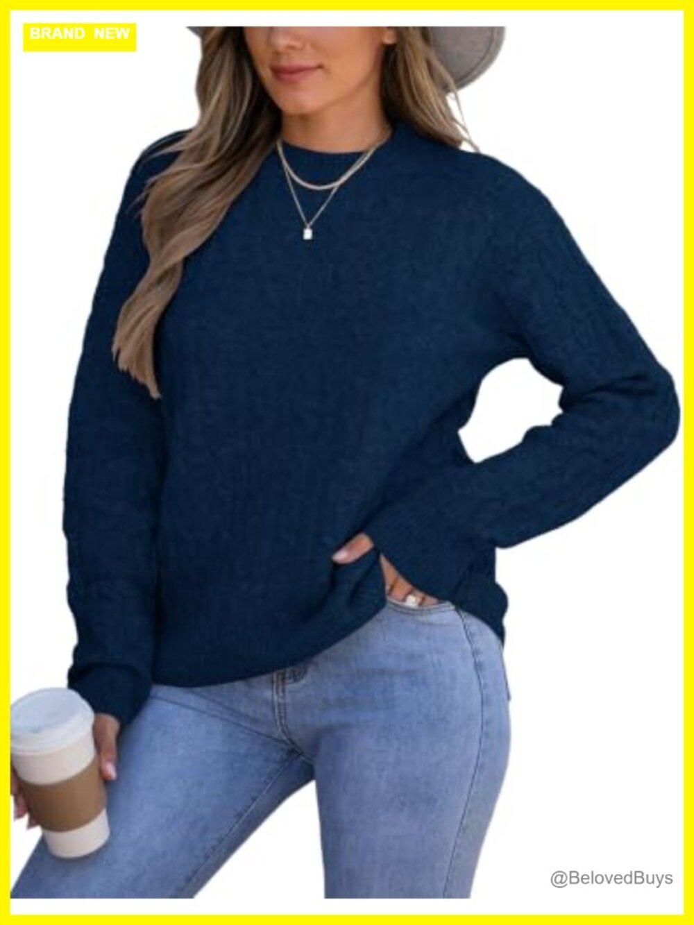 Womens Mockneck Cable Knit Long Sleeve Chunky Pullover Sweater